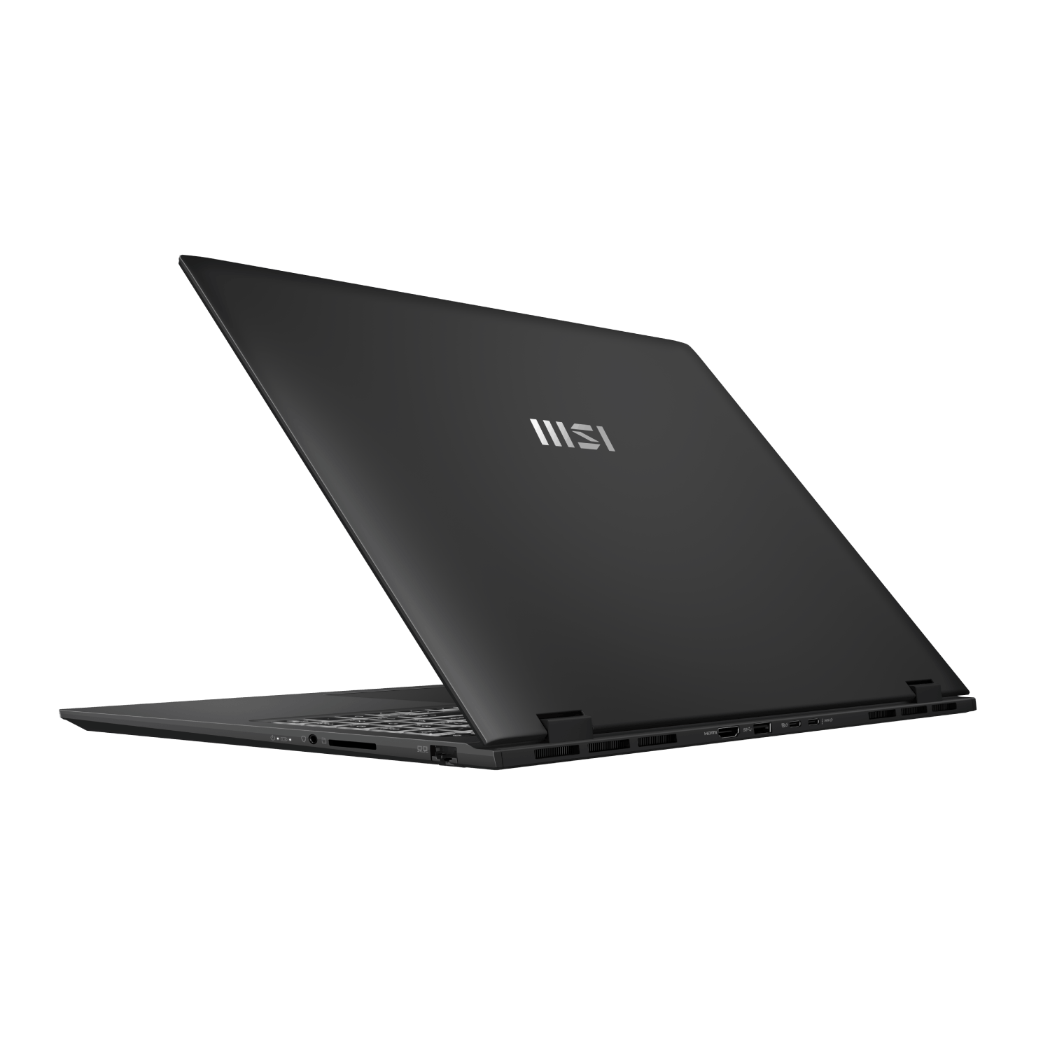 Un portátil negro, ligeramente abierto, está inclinado contra un fondo negro. El logo de MSI es visible.