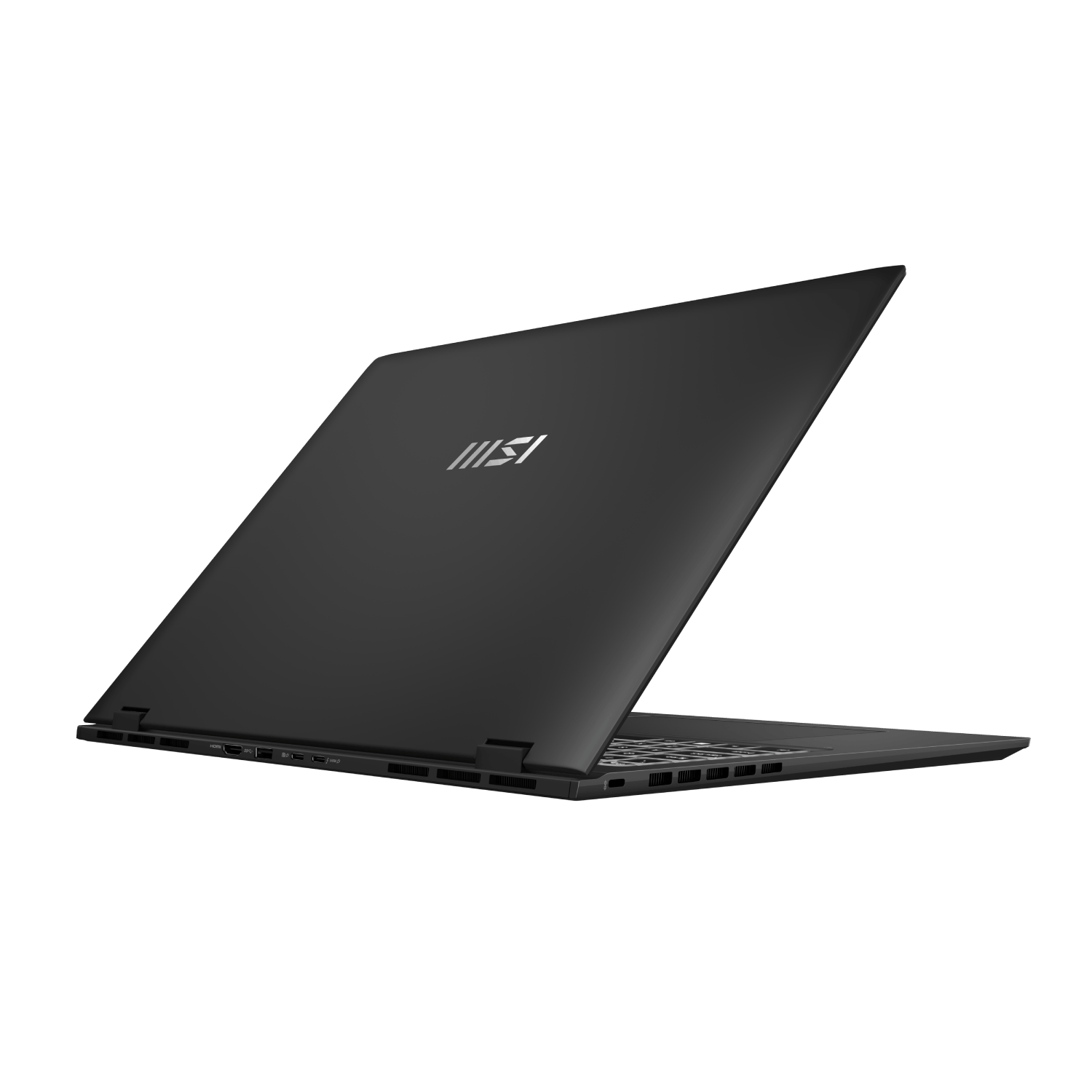 Laptop negro con el logo de MSI. Vista trasera, tapa abierta, mostrando puertos y teclado.