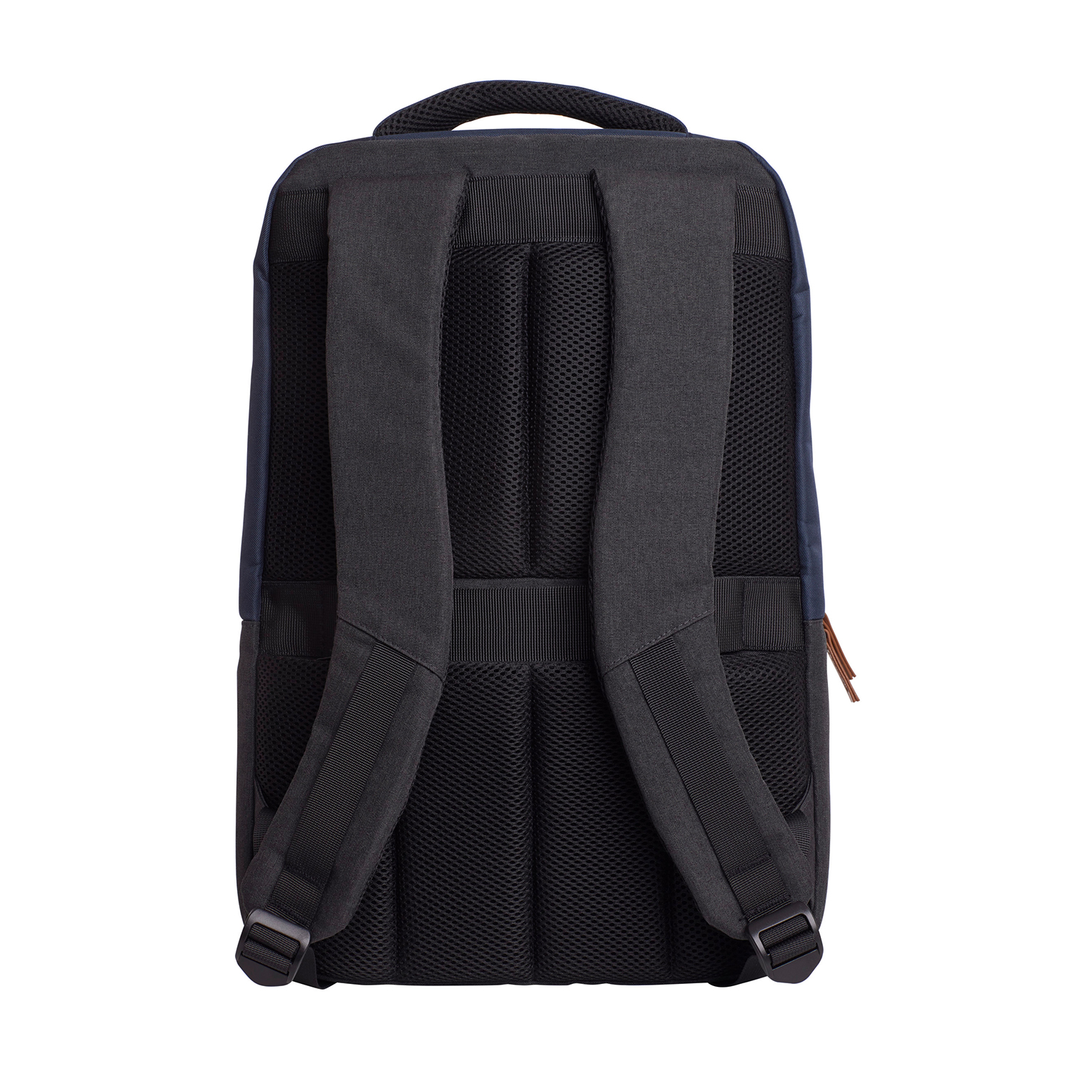Zaino nero e blu con schienale e spallacci in rete nera. Dettagli in pelle marrone sugli spallacci.
