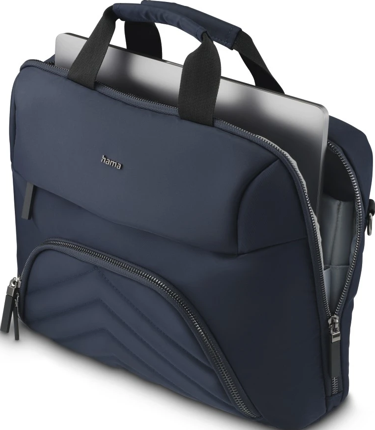 Marineblaue Laptoptasche mit Laptop im Inneren. Schwarze Griffe und Reißverschlussdetails.