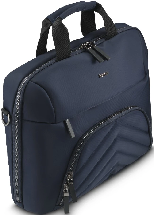 Eine marineblaue Laptoptasche mit Griff, Reißverschlüssen und Vordertasche.