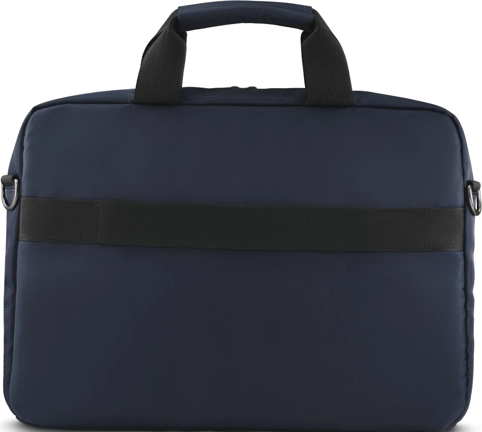 Eine marineblaue Laptoptasche mit schwarzem Riemen und Griff.
