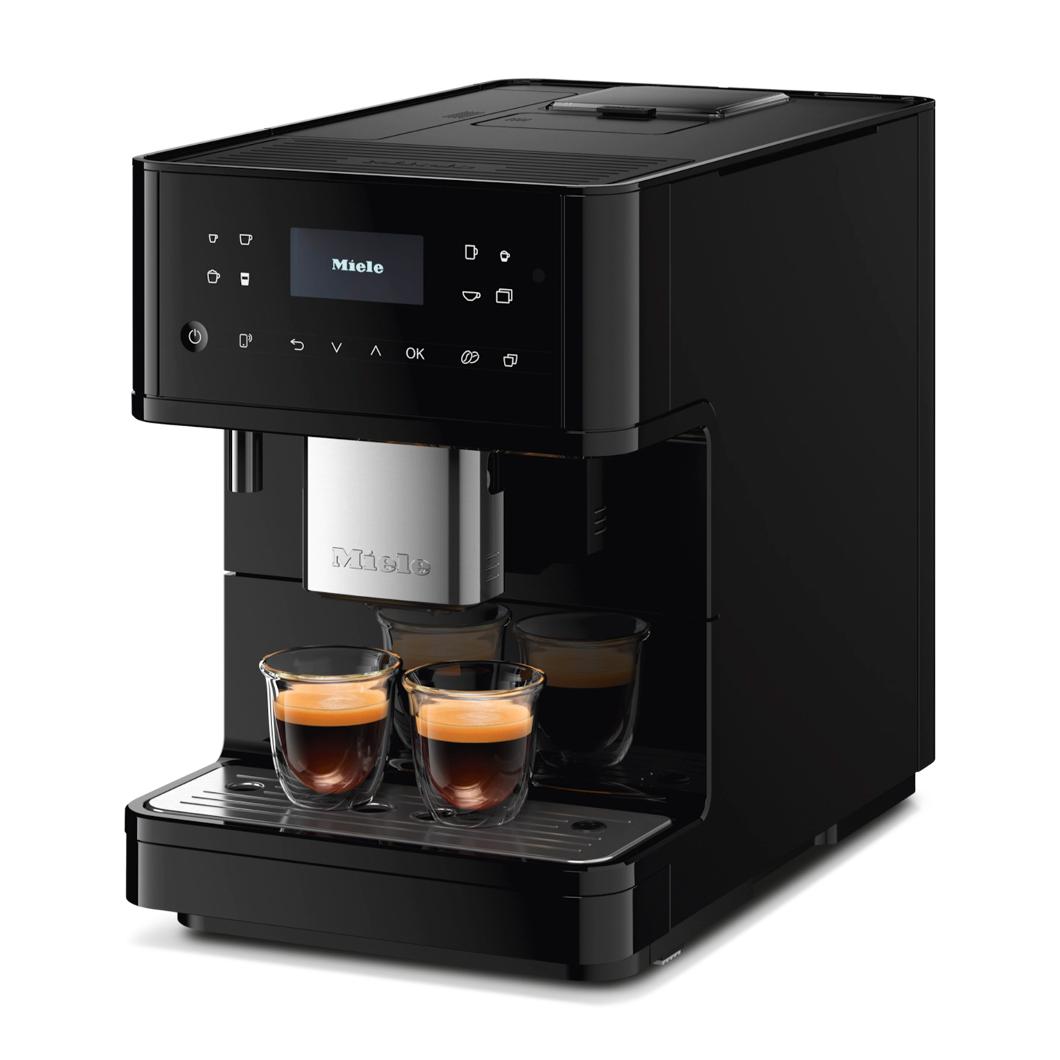 Macchina per caffè espresso nera con due tazze di vetro piene di caffè. Ha un display digitale.