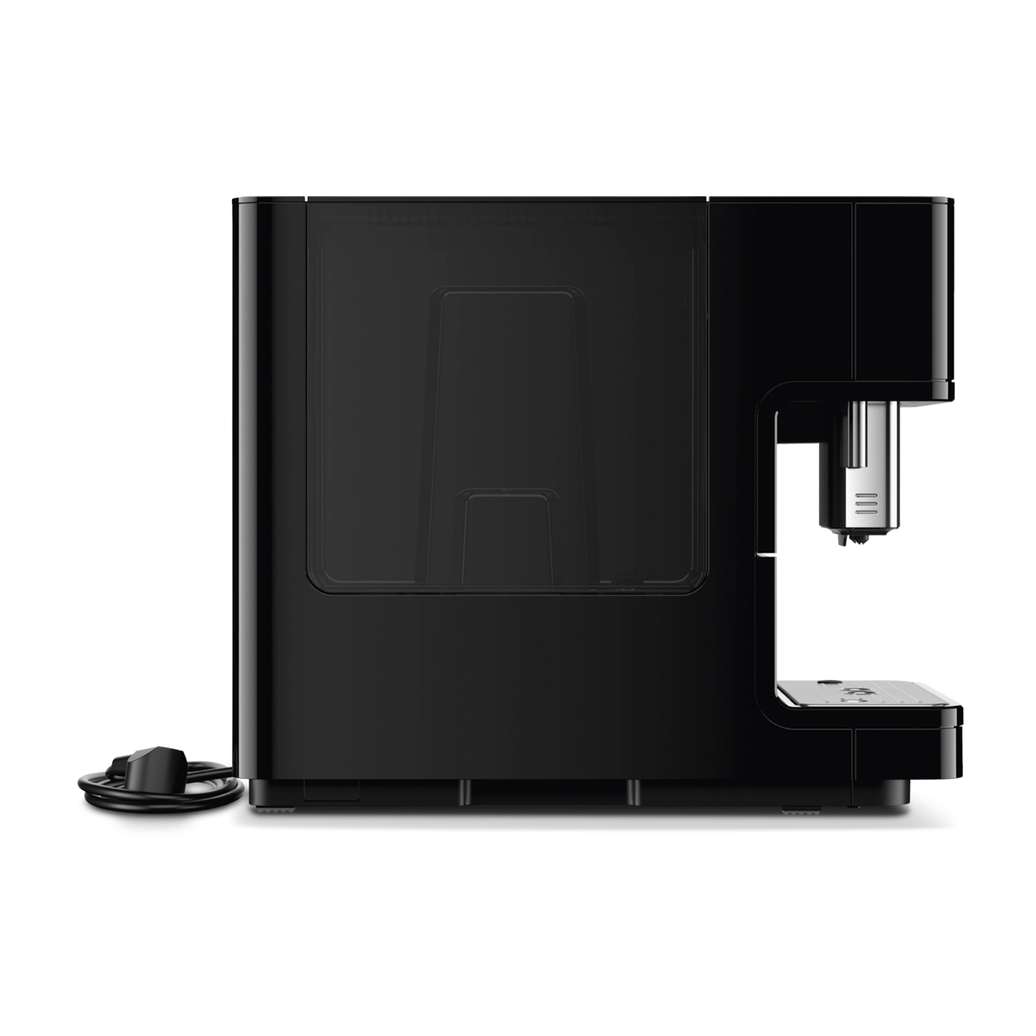 Macchina da caffè nera su sfondo bianco, con un accessorio nero separato.