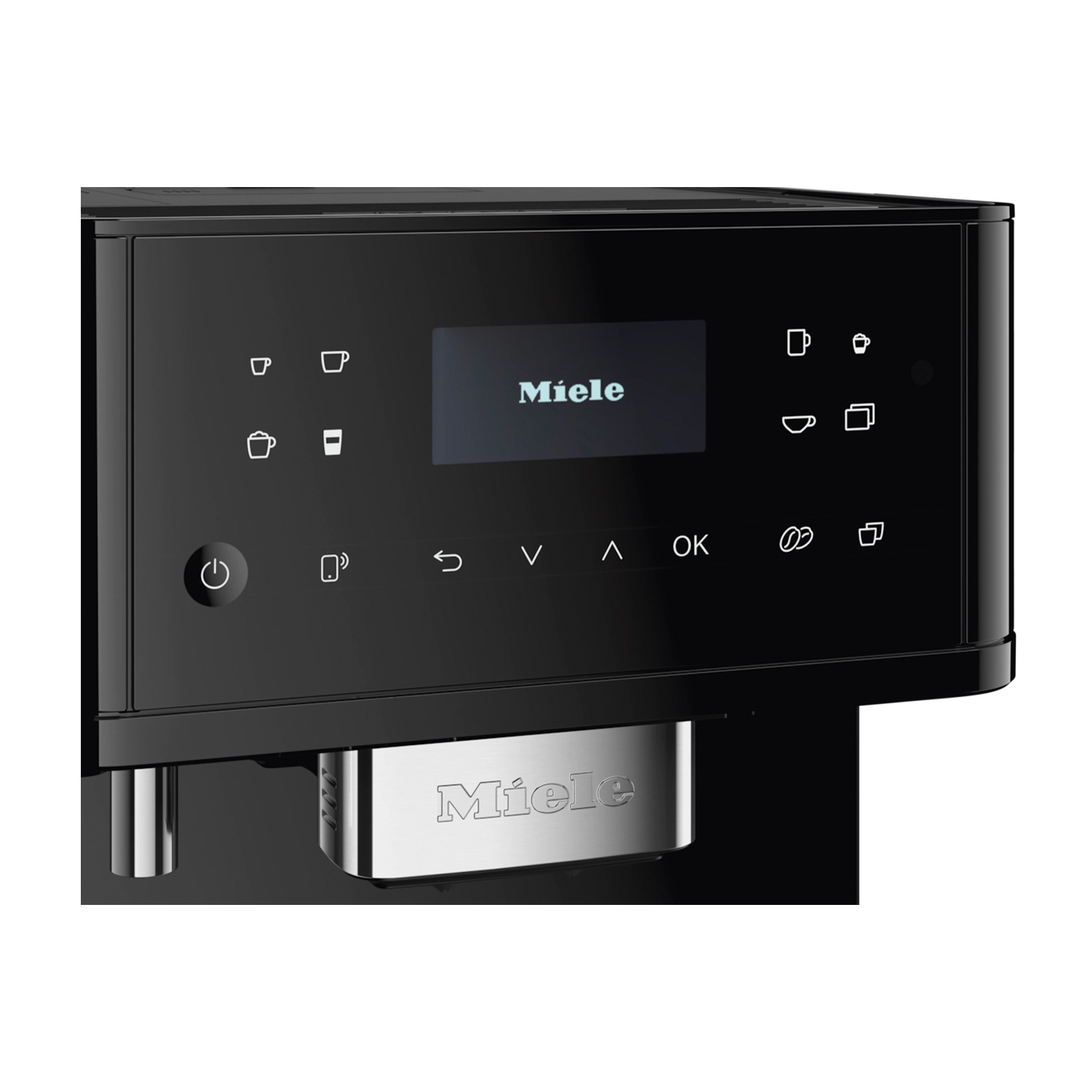 Un pannello di controllo della macchina da caffè nero con pulsanti e un display che mostra il marchio.