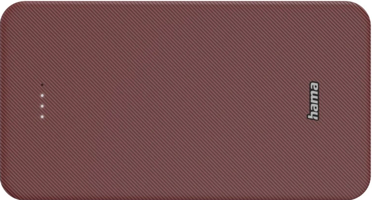 Bordeauxfarbene Powerbank mit vier weißen Kontrollleuchten und dem Wort „hama“.