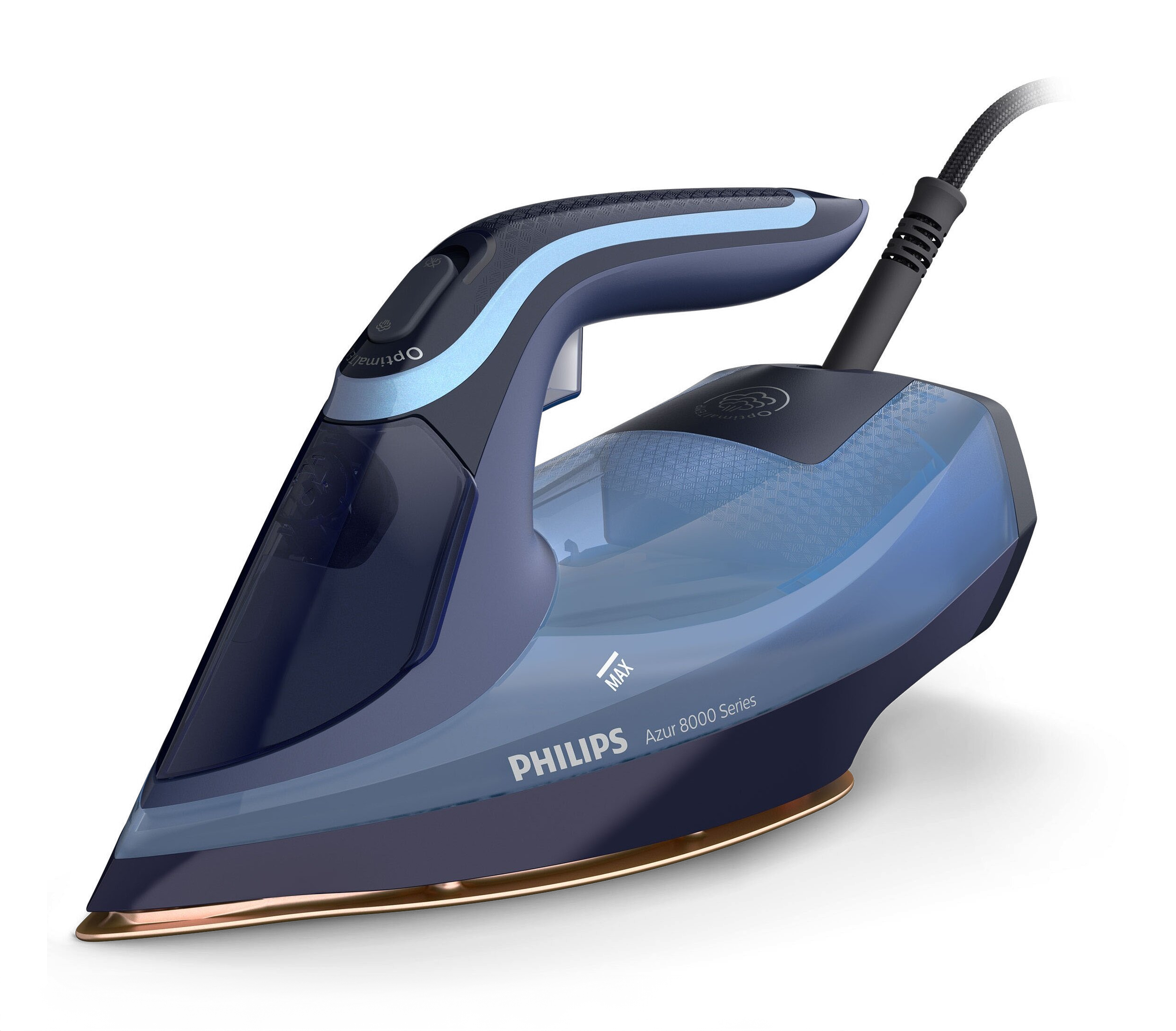 Niebieskie żelazko Philips Azur na czarnym tle. Widoczny uchwyt, zbiornik na wodę i stopa.