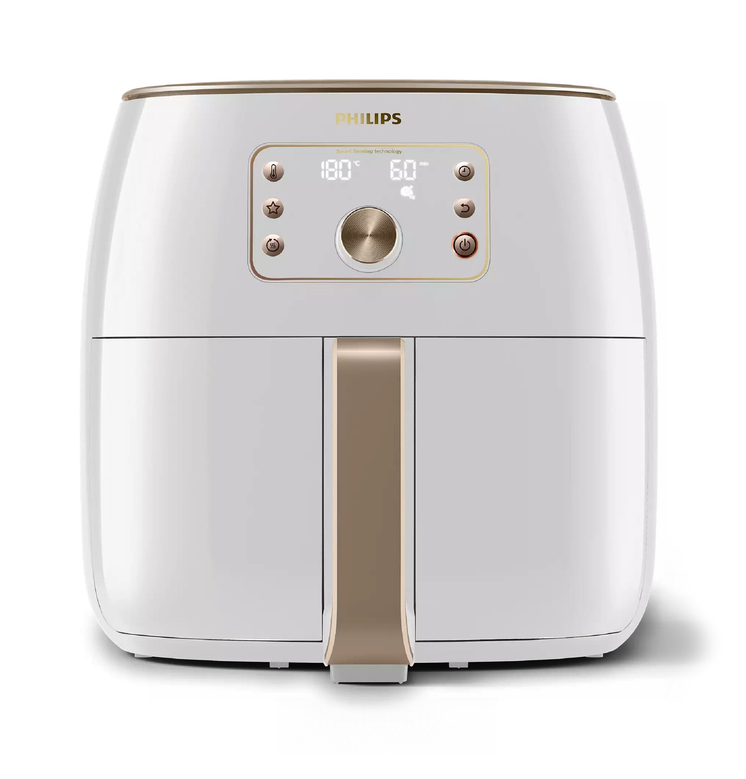 Biała i złota frytkownica powietrzna z elementami sterującymi i uchwytem. Czarne tło.