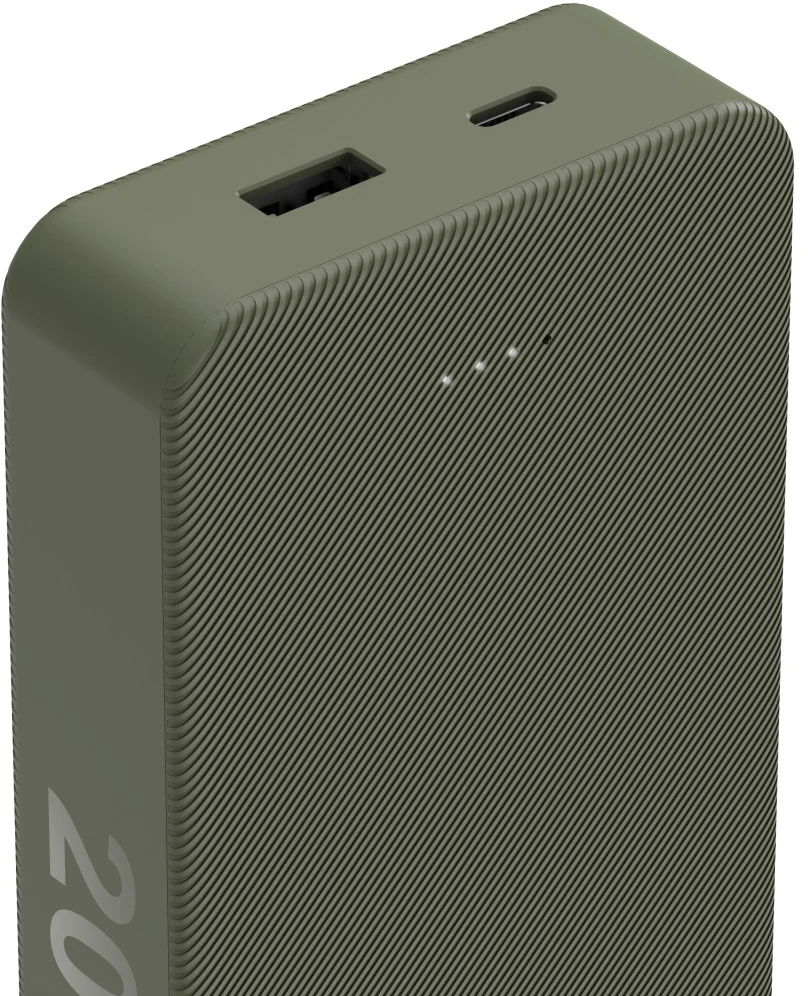 Olivgrüne Powerbank mit USB-Anschluss und Ladeanschluss, zeigt 3 Statusleuchten.