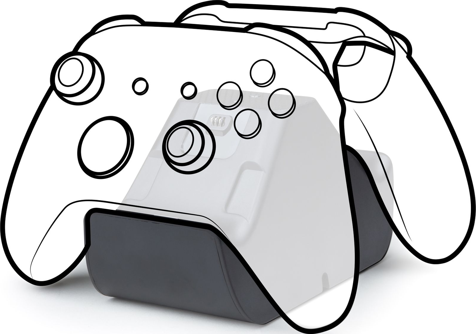 Eine schwarz-weiße Umrisszeichnung eines Xbox-Controllers auf einer Ladestation.