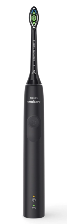 Fekete Philips Sonicare fogkefe. Van rajta egy kefefej, bekapcsológomb és jelzőfények. Fehér háttér.