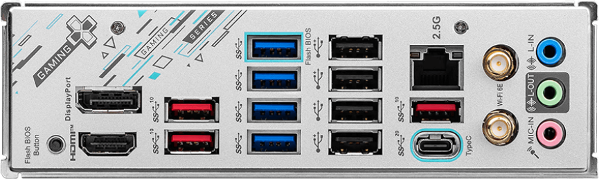 Die Rückseite eines Motherboards mit verschiedenen Anschlüssen für Verbindungen, einschließlich USB und HDMI.