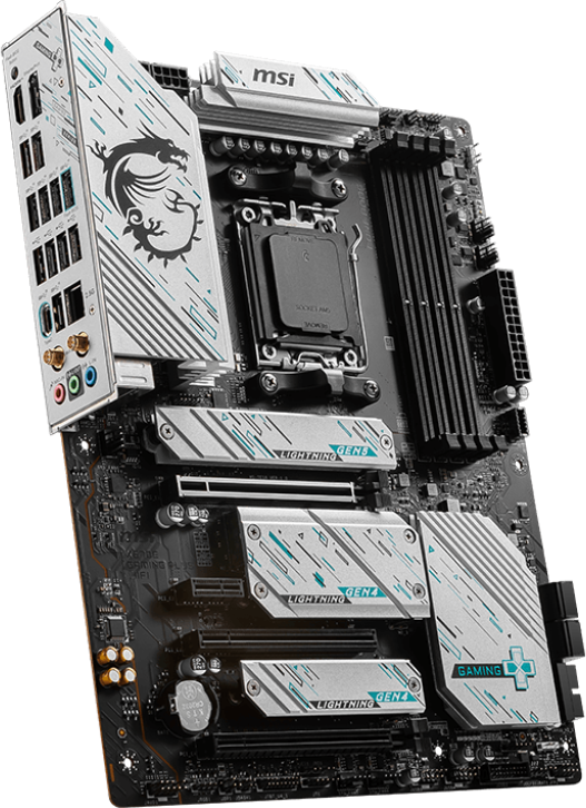 Ein Computer-Motherboard mit verschiedenen Komponenten und einem Drachenlogo.