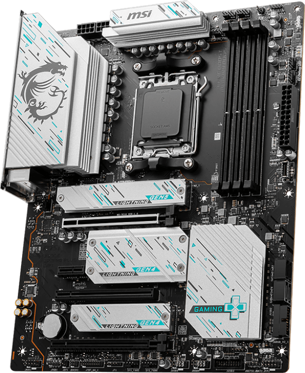 MSI-Motherboard mit silbernen und tealfarbenen Akzenten, schwarzen Komponenten, CPU-Sockel und mehreren Steckplätzen.