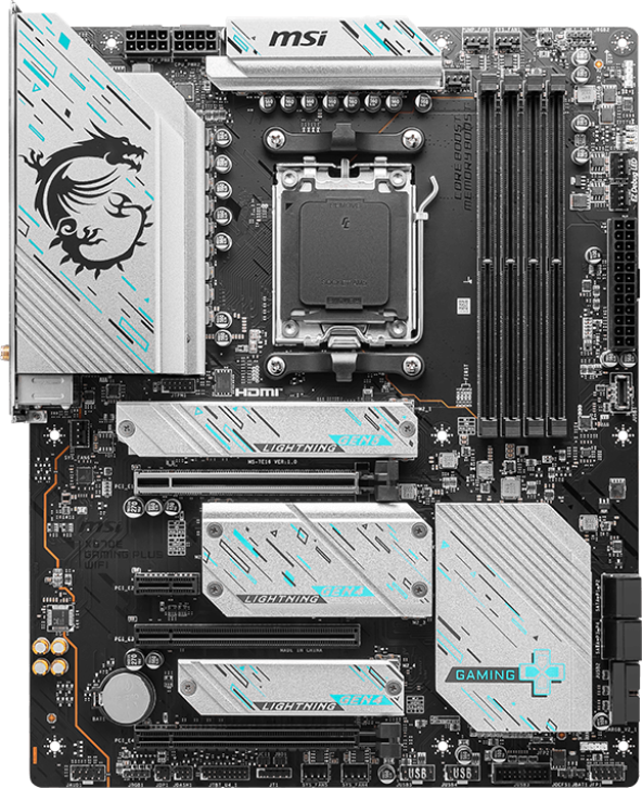 Ein Computer-Motherboard mit einem zentralen Prozessor und verschiedenen Komponenten. Silberne und tealfarbene Akzente.