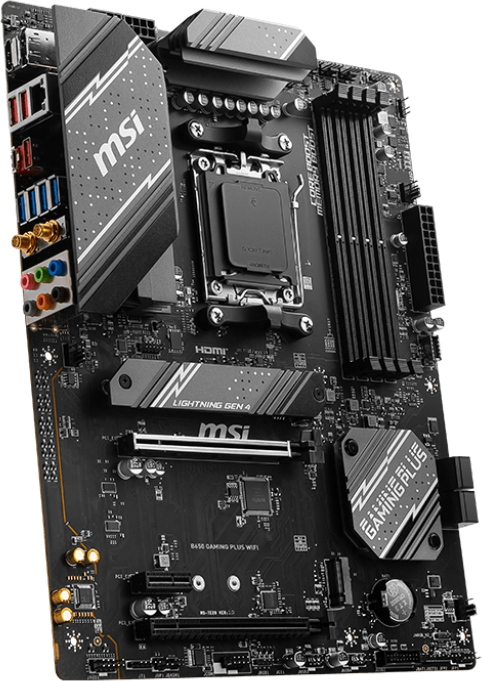 Ein schwarzes MSI-Gaming-Motherboard mit mehreren Steckplätzen und Anschlüssen. Der Hintergrund ist schwarz.