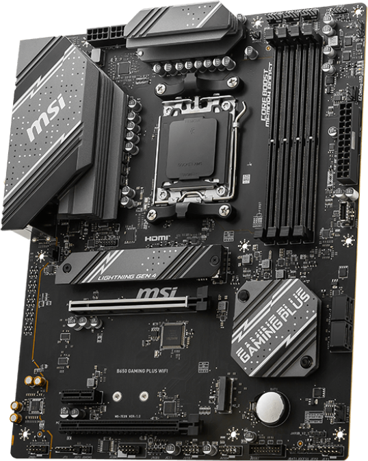 MSI B650 Gaming Plus WiFi Mainboard, schwarz, mit verschiedenen Komponenten und Etiketten sichtbar.
