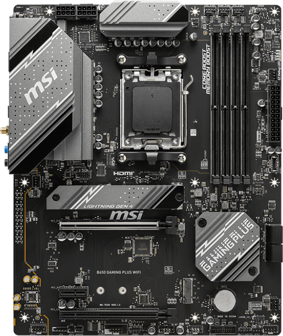 MSI B650 Gaming Plus WIFI Motherboard mit verschiedenen sichtbaren Komponenten.