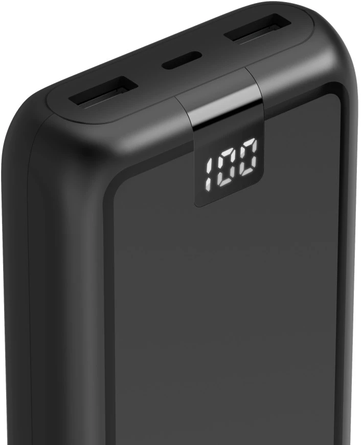 Eine schwarze Powerbank mit digitaler Anzeige 100.