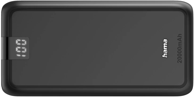 Schwarze Powerbank mit digitaler Anzeige, die 100 % anzeigt.