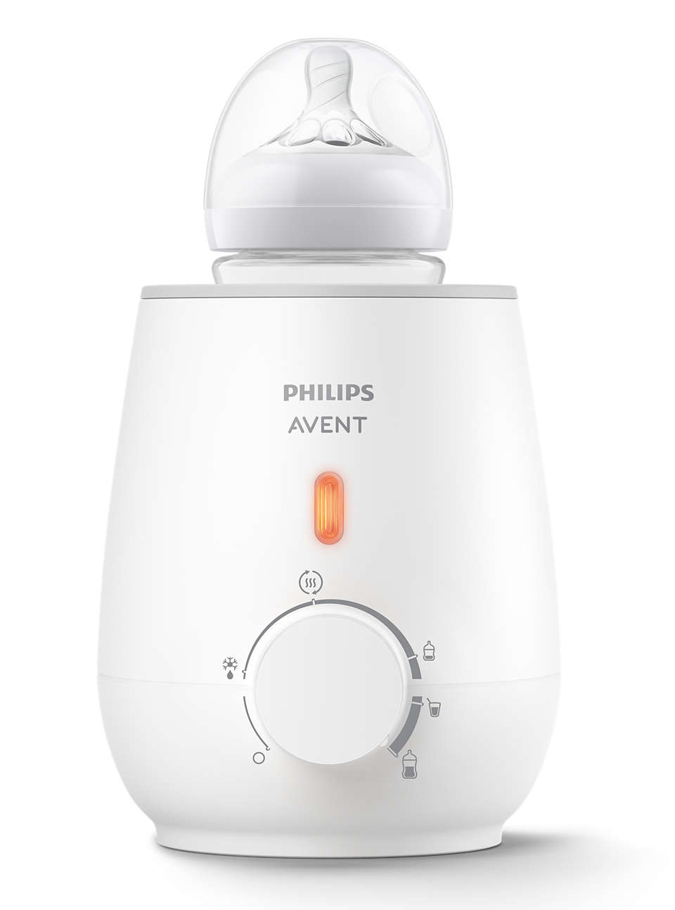 Egy fehér Philips Avent bébi ételmelegítő cumisüveggel.