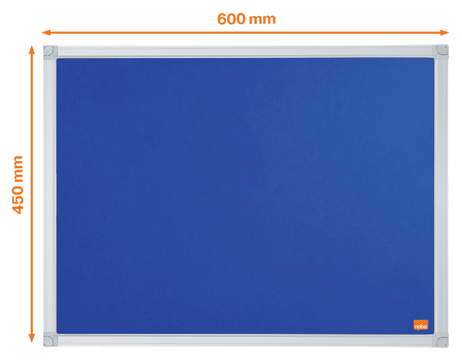Kék hirdetőtábla ezüst kerettel, méretek 600x450mm, és egy logó.