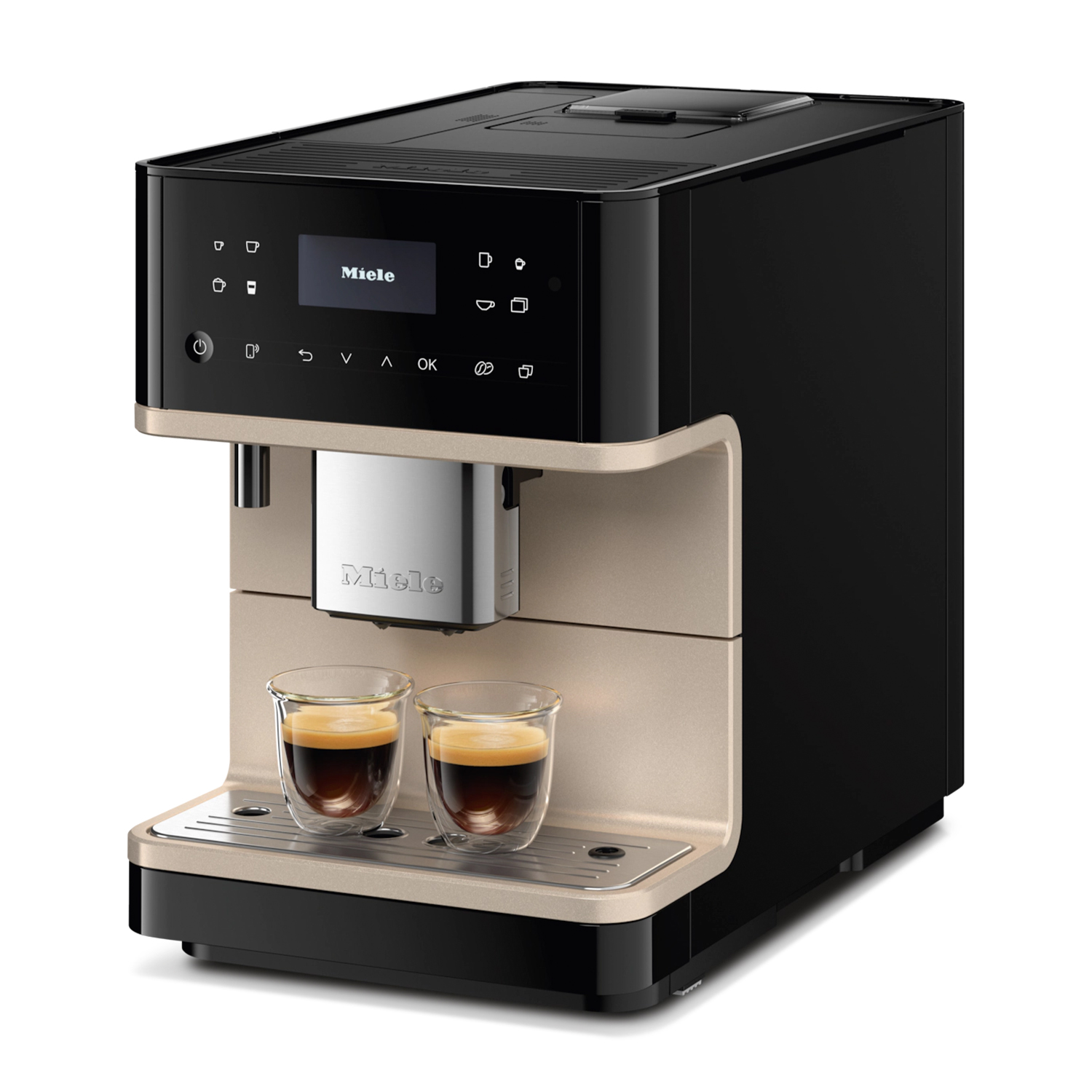 Macchina da caffè Miele nera e beige con due bicchieri di caffè davanti.