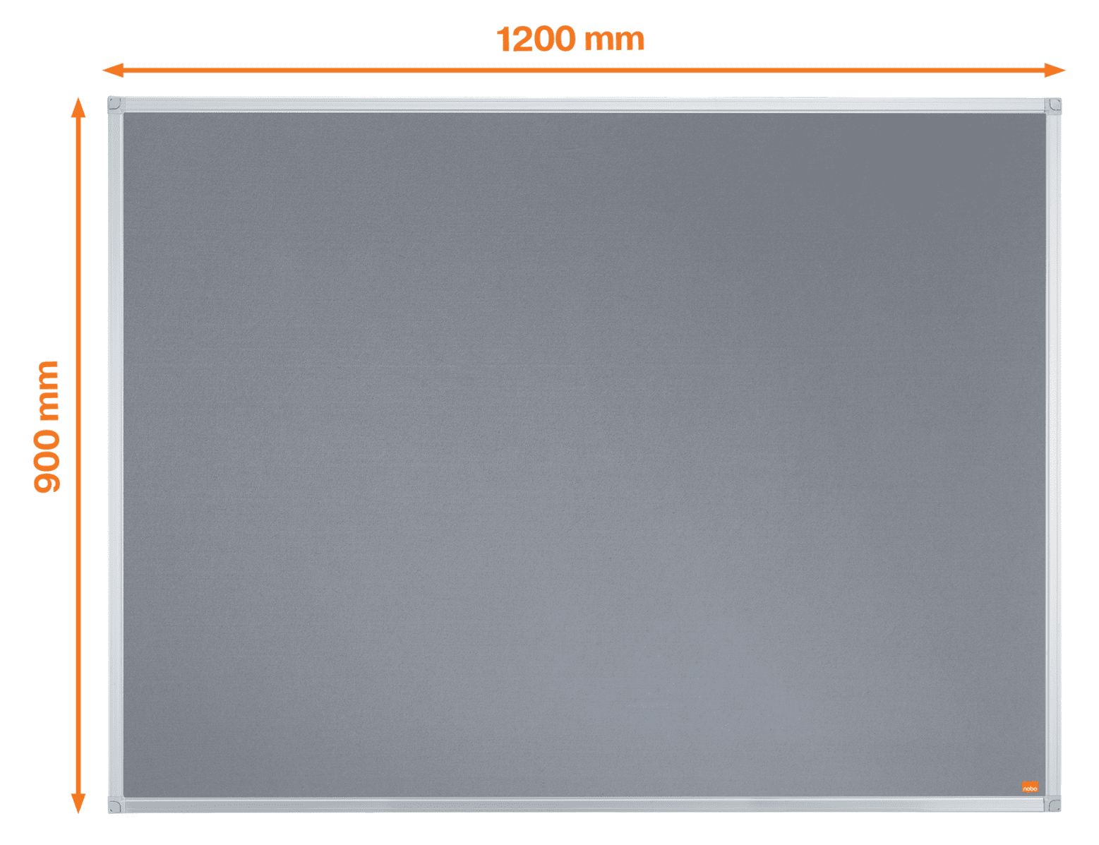 Szürke hirdetőtábla ezüst kerettel. Méretek: 1200x900 mm, narancssárga mérőnyilakkal.