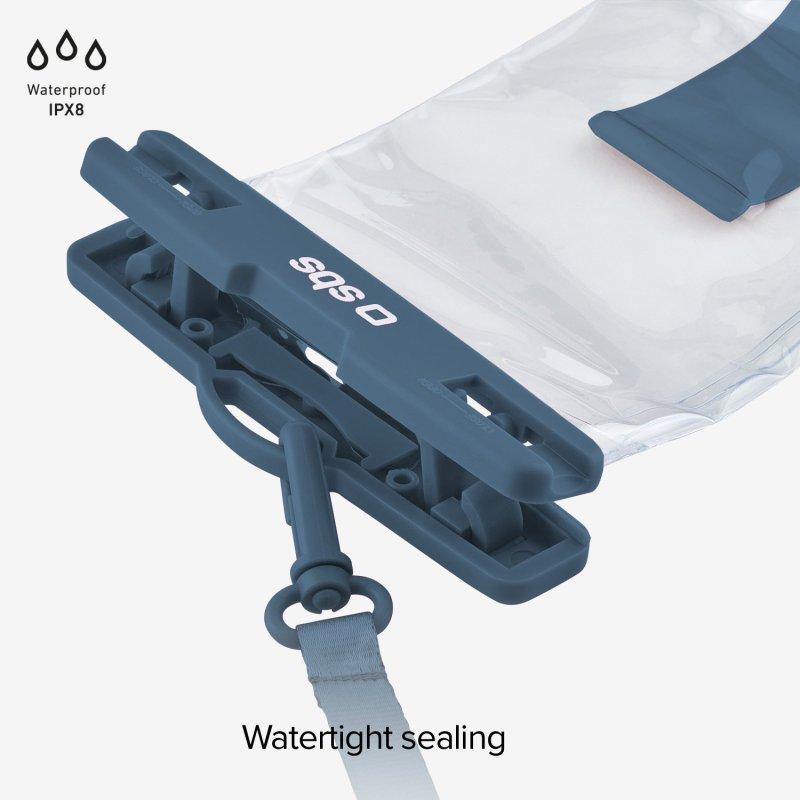 Wasserdichte Handyhülle mit blauem Clip und Lanyard.