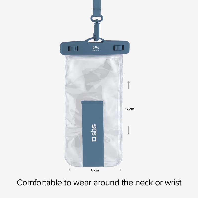Eine transparente wasserdichte Handytasche, mit blauem Band und SBS-Logo, mit Abmessungen.