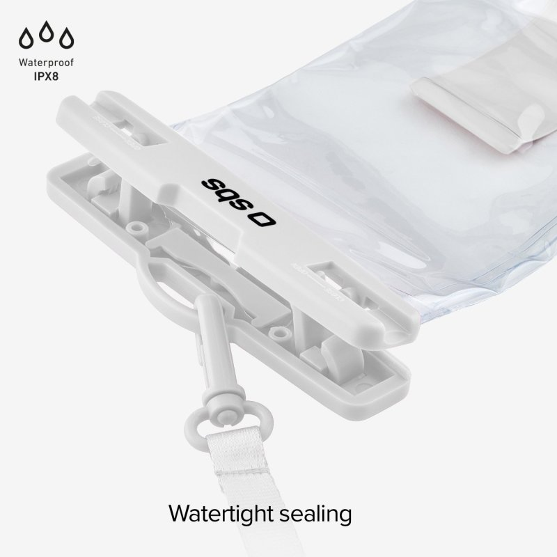 Weißes und klares wasserdichtes Handycase. Es hat einen weißen Clip und ein Lanyard. Text: Wasserdichter Verschluss.