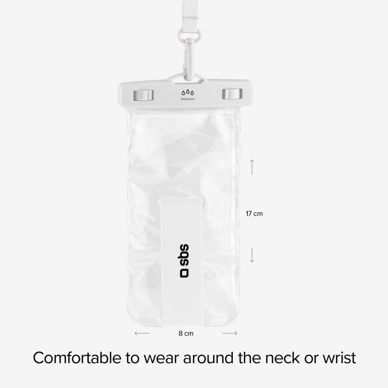 Transparente wasserdichte Tasche mit weißem Riemen und weißem Etikett. Der Text SBS ist sichtbar.