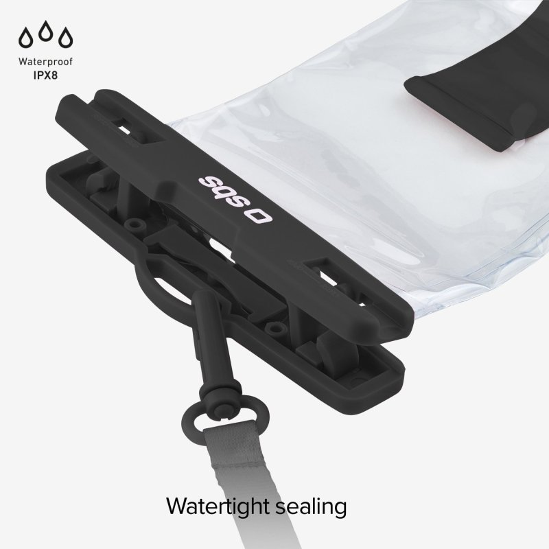 Schwarze wasserdichte Tasche mit Verschluss, grauem Riemen und Text: Waterproof IPX8, Wasserdichte Abdichtung.