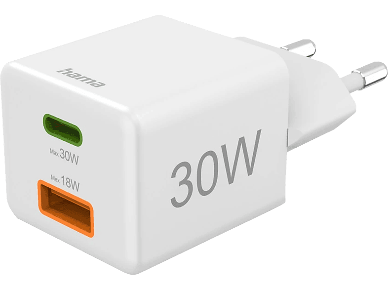 Hama Schnellladegerät 1x USB-C PD, 1x USB-A QC, 30 W, Weiß