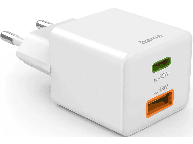 Hama Schnellladegerät 1x USB-C PD, 1x USB-A QC, 30 W, Weiß — Foto 2 von 4