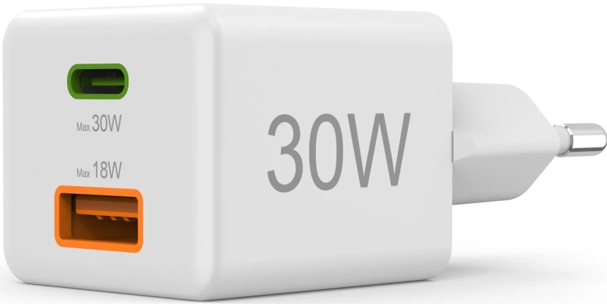 Weißes Ladegerät mit zwei Anschlüssen: einem grünen, einem orangenen, mit 30W und 18W.