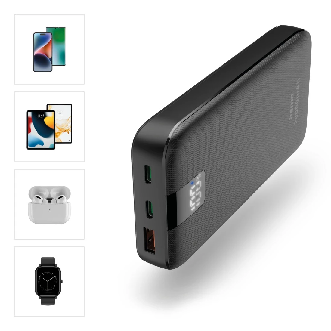 Schwarze Powerbank neben Bildern von Telefonen, Tablet, Smartwatch und Ohrhörern auf weißem Grund.