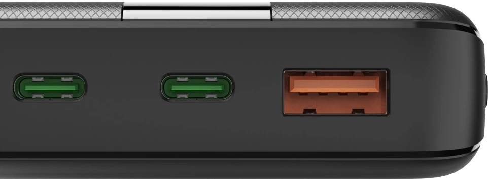 Schwarze Powerbank mit mehreren Anschlüssen. Hat USB-C- und USB-A-Anschlüsse. Grüne Akzente.