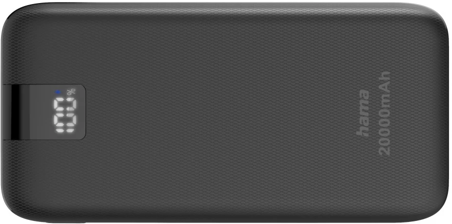 Schwarze Powerbank mit digitaler Anzeige, die 100 % Ladung anzeigt, und dem Hama 20000mAh-Logo.
