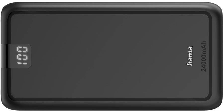Eine schwarze Powerbank mit Anzeige 100% und Text "hama 24000mAh".