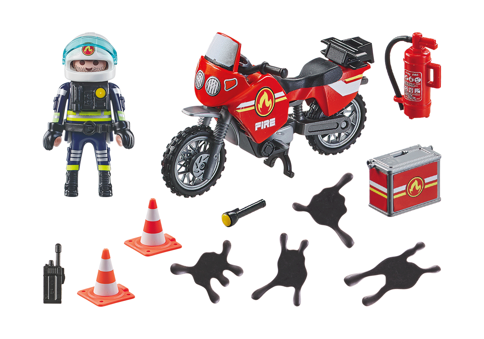 Spielzeug-Feuerwehrmann, Motorrad, Feuerlöscher und Zubehör.