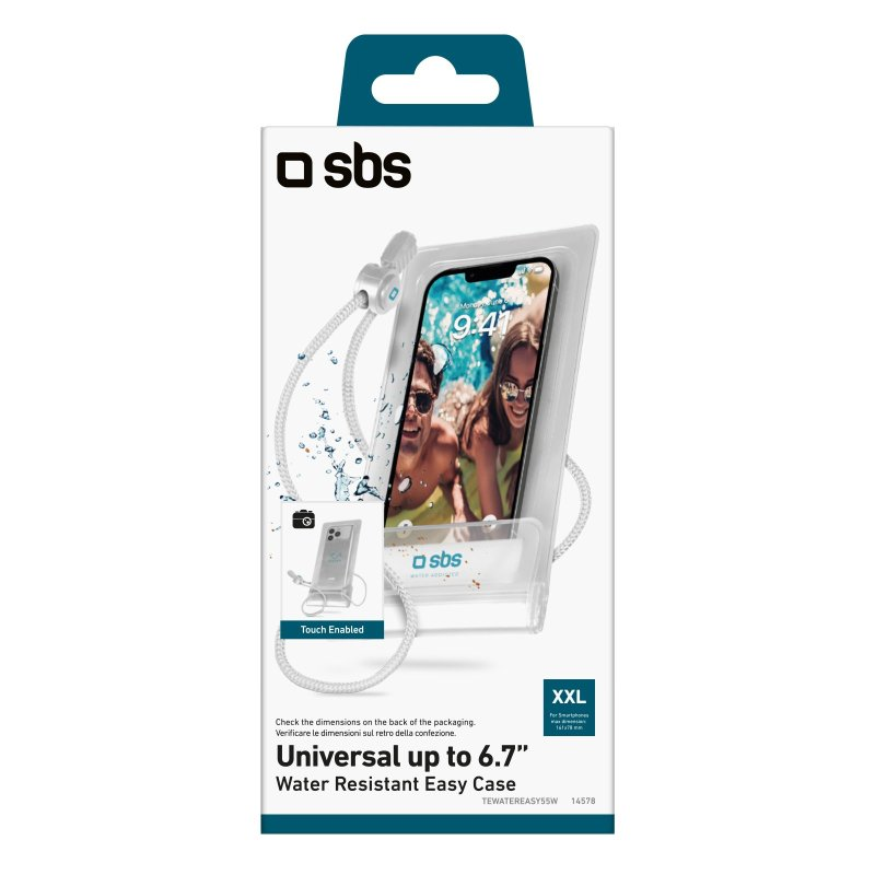 Ein Smartphone in einer wasserdichten Hülle, mit transparentem Design, weißem Band und Markenlogo.