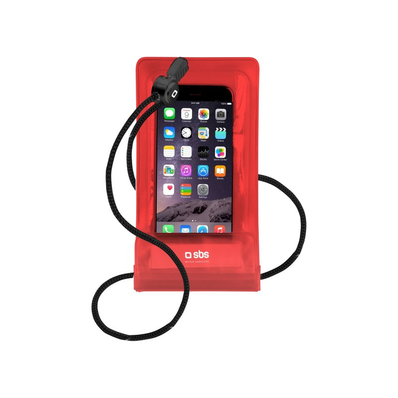 Rote wasserdichte Handyhülle, die ein Smartphone hält. Mit schwarzem Umhängeband und schwarzem Clip verschlossen.