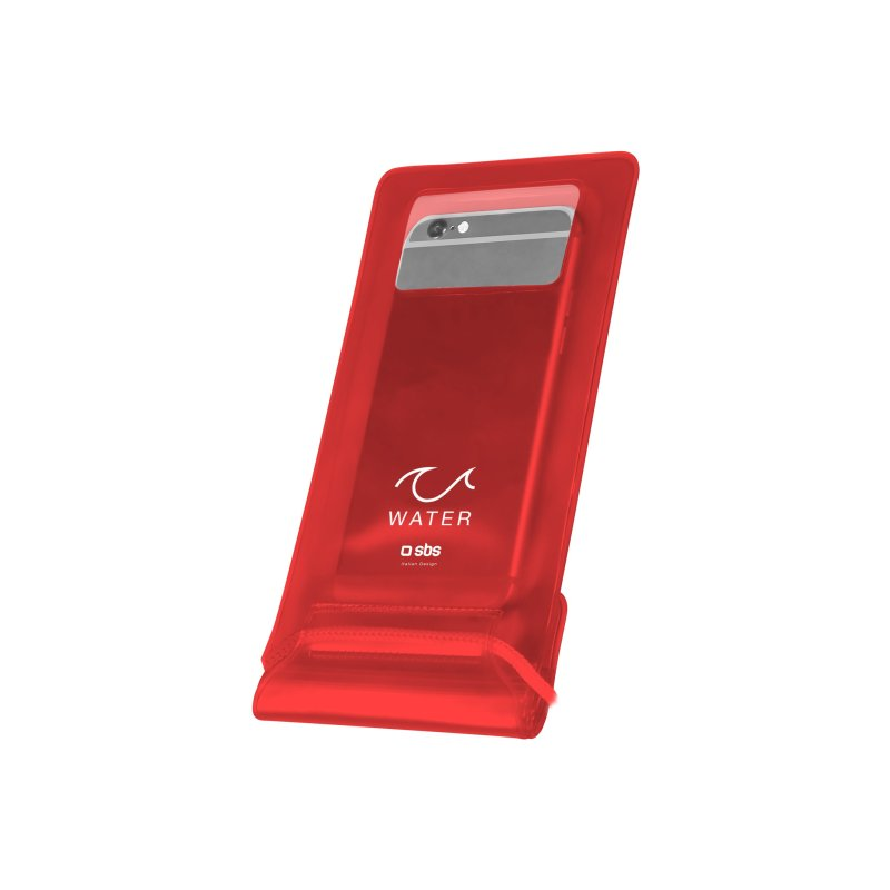 Eine rote, wasserdichte Handyhülle mit einem Telefon darin.