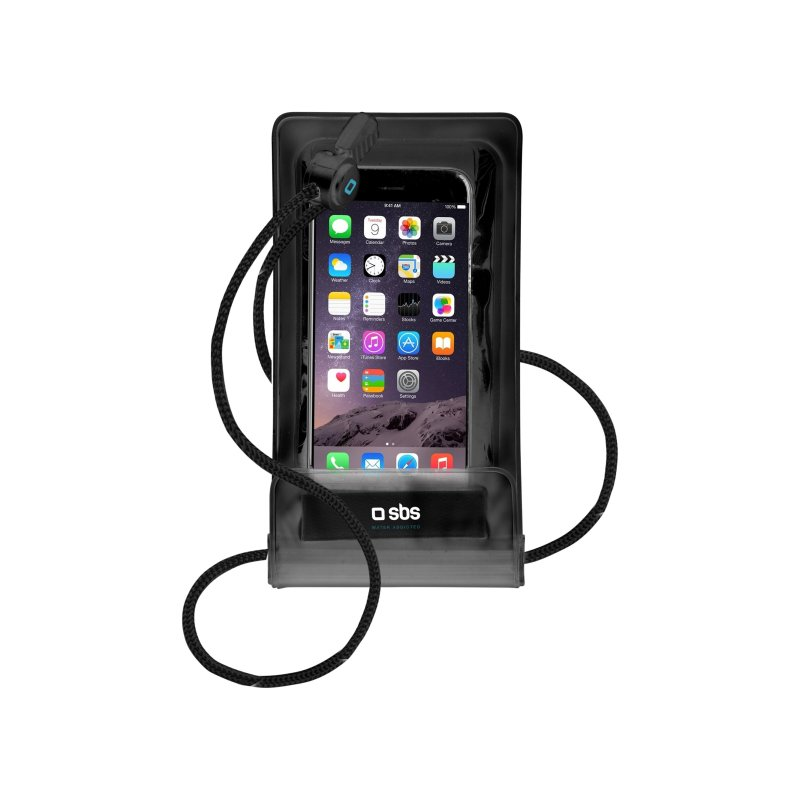 Eine schwarze, wasserdichte Handyhülle mit einem Telefon darin. Ein schwarzes Kabel ist befestigt. Weißer Hintergrund.