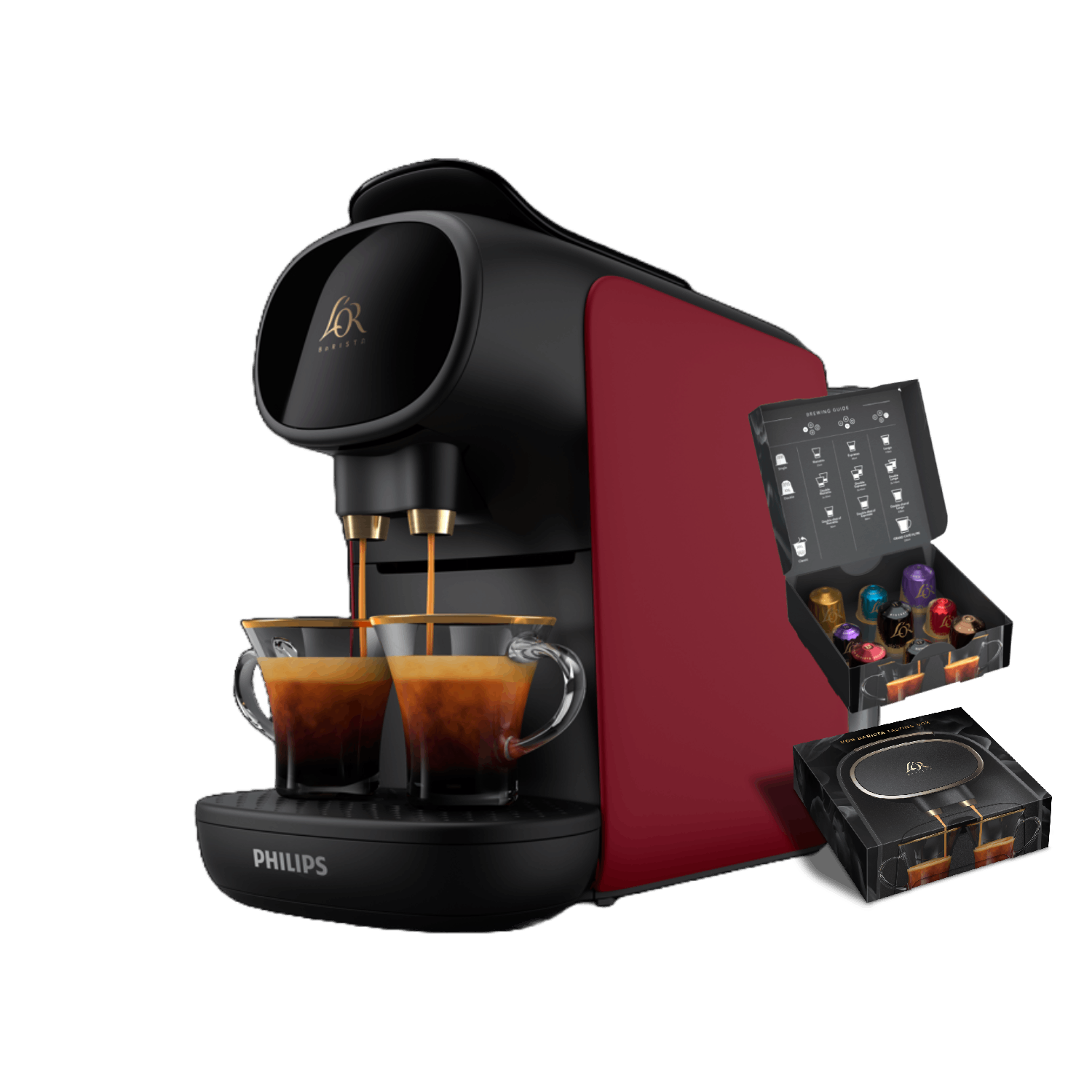 Cafetera con dos vasos, una caja de cápsulas y otra de monodosis.