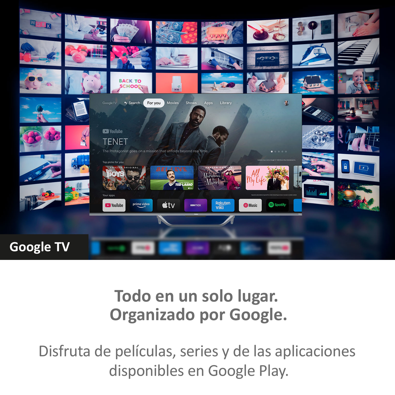 Pantalla de Google TV que muestra aplicaciones y películas, con texto en español.