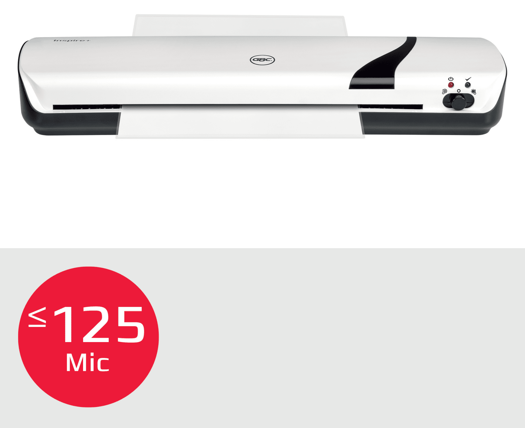 Fehér és fekete lamináló gép, papírral. Piros kör, alatta a '≤125 Mic' felirattal.