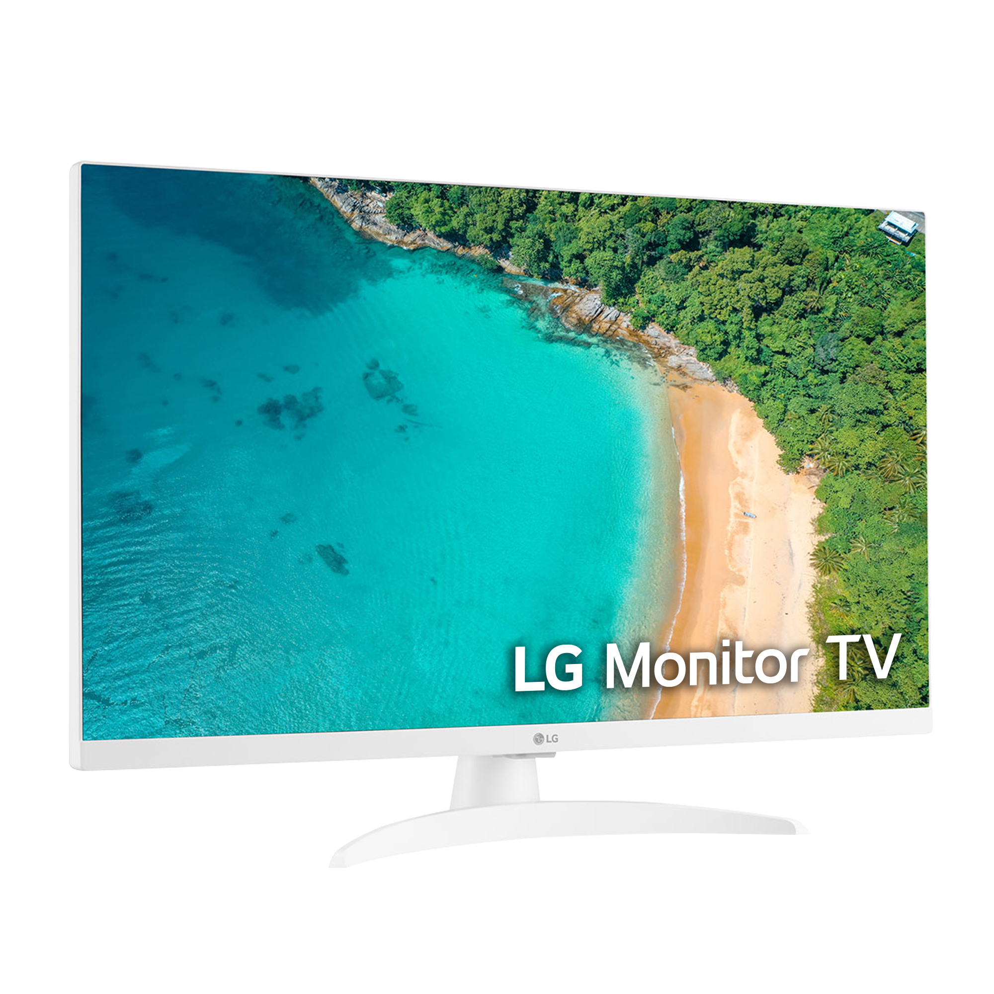 Monitor LG blanco que muestra una escena de playa con agua turquesa y árboles verdes.