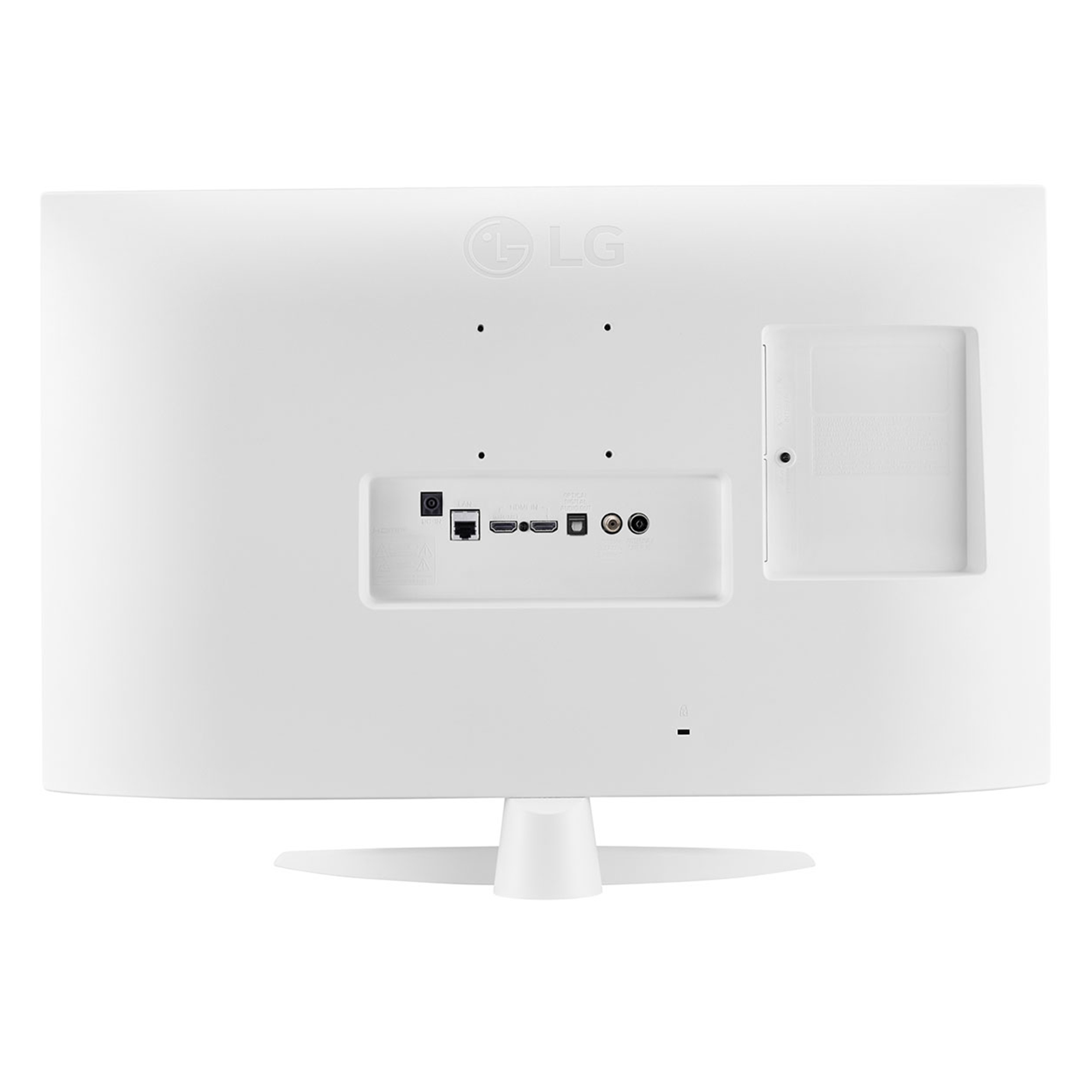 Parte trasera de un monitor de ordenador blanco que muestra puertos y conectores, sobre un fondo blanco.